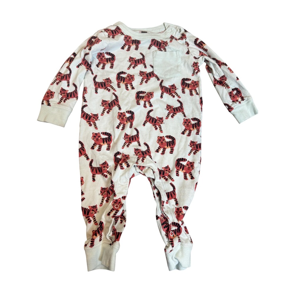 Tea Romper Baby Girls 9-12‎ Months White Tiger Print Cotton One Piece Coverall